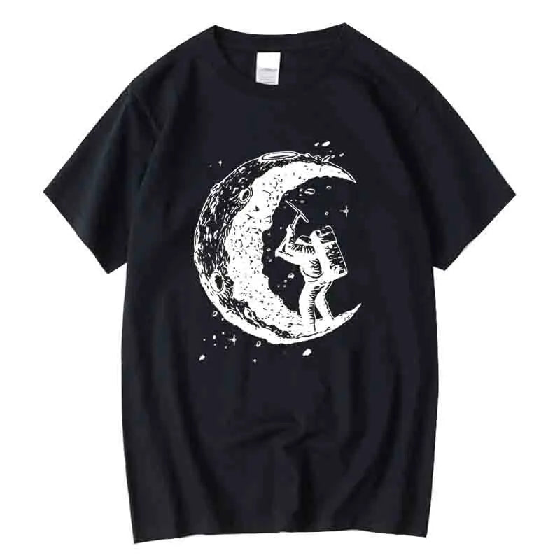 Men's High Quality Cotton Blend Moon Print Casual Summer Cool Short Sleeve Men Tshirt Loose t-shirt Male Tee Shirts Male Tee Top