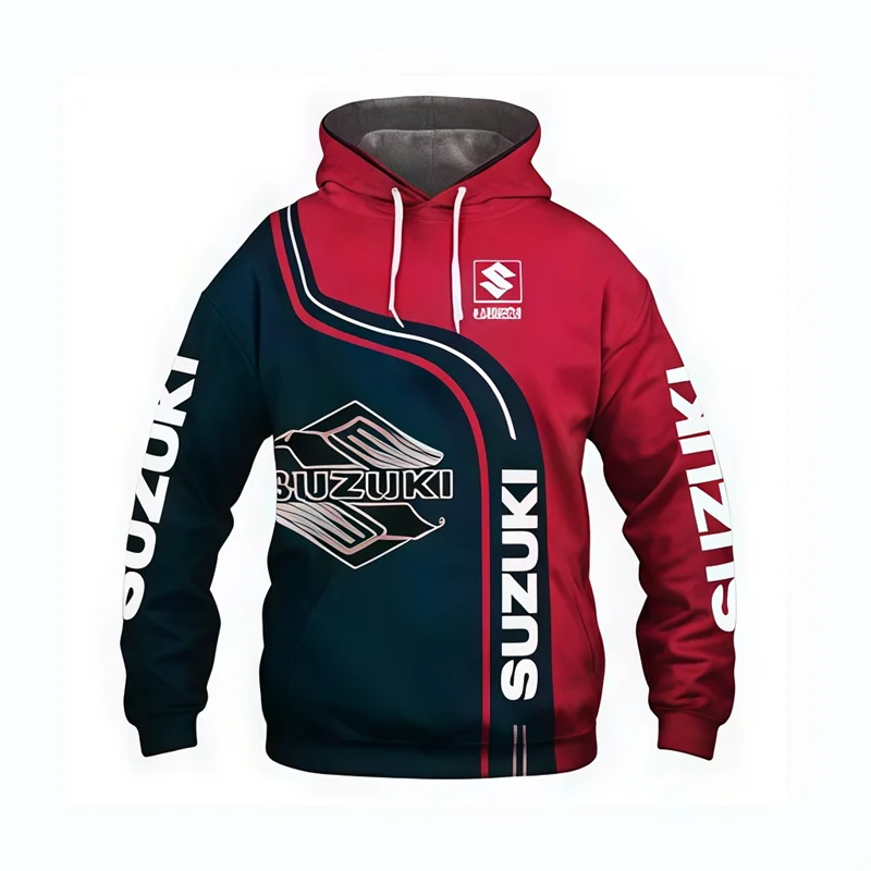 Suzuki men's casual hoodie, 3D printed long-sleeved top for outdoor motorcycle and bicycle enthusiasts, autumn and winter