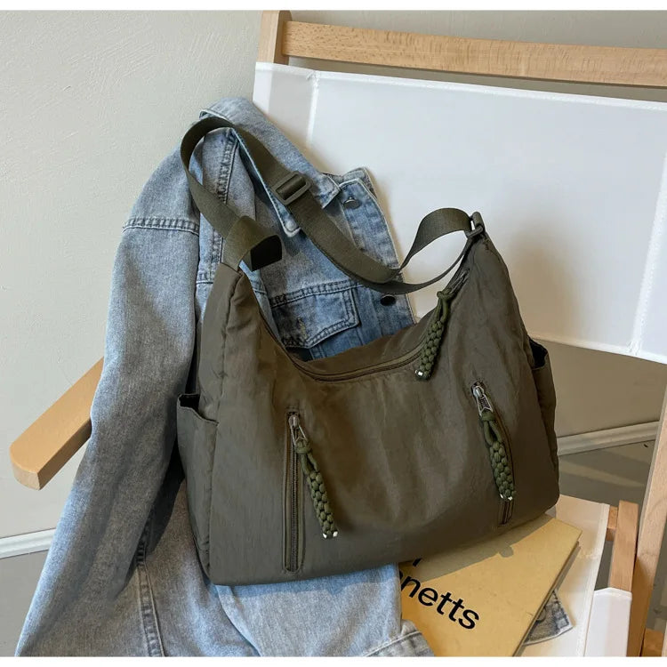 Summer Women Solid Color Shoulder Bag Fashion Lightweight Versatile Travel Crossbody Bag Commuter Nylon Large Capacity Hobo Bag