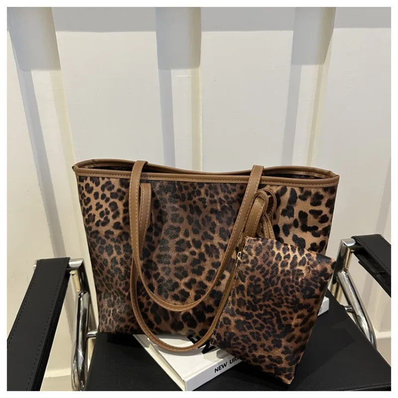Women's Leopard Print Tote bag Pu Leather Underarm Bags Simple Casual Travel Shopping Bag Large Capacity Mother and Child Packag