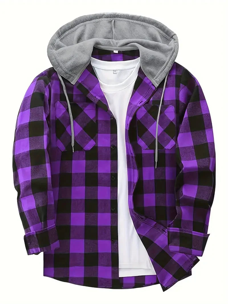 Men's Plaid Flannel Hooded Shirt, Long Sleeve Button Down Hoodie Jacket with Chest Pockets Casual Streetwear Tops