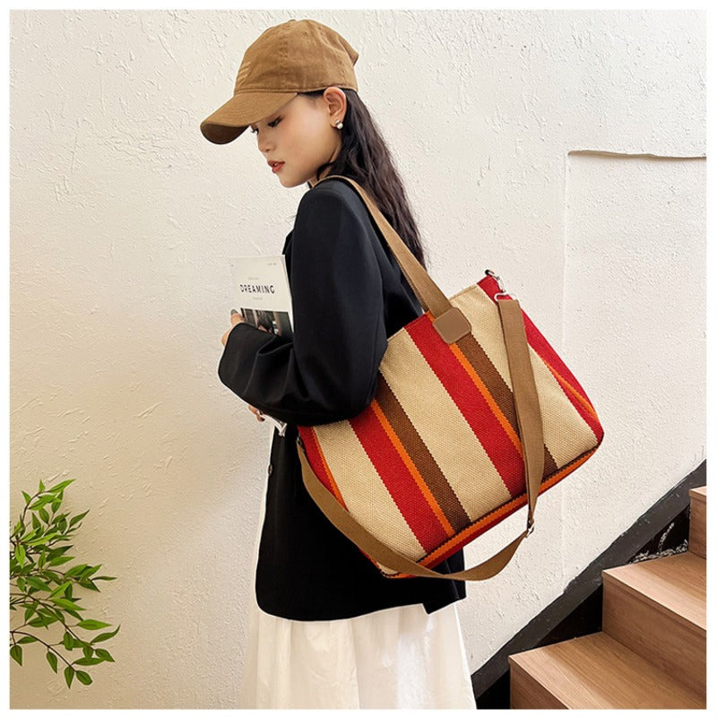 Large Tote Bag for women's Striped Crossbody Canvas Bag 2023 New Trendy Versatile Class Commuting Shoulder Bag