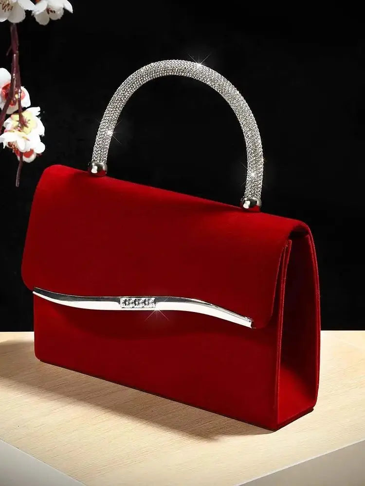 New wine red velvet diamond-encrusted handbag for ladies a luxurious small square bag for dinner parties and a fashionable met