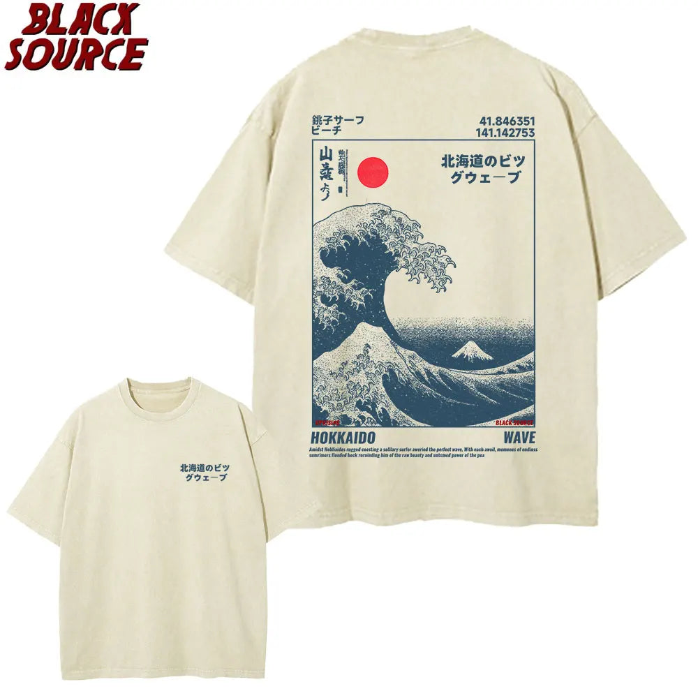 T416 Japanese Style Hokkaido Wave Vintage T-shirt Men Women Harajuku Fashion High Quality T Shirts Oversized Cotton Summer Tee