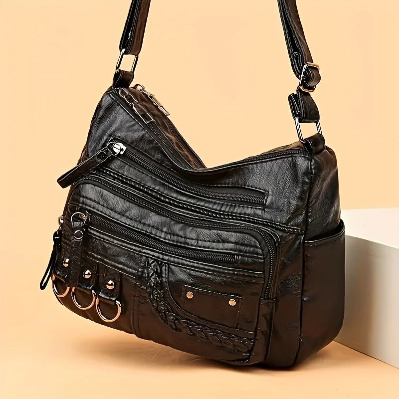 Vintage PU Crossbody Bag, Retro Multi Layer Shoulder Bag, Women's Fashion Handbag & Purse, Female Work Travel Messenger Bag