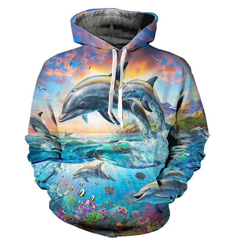 New Dolphin Pattern Men's Hoodie 3D Printed Simple Hoodie Sportswear Casual Oversized Harajuku Hoodie Y2k Sports Tops 2024