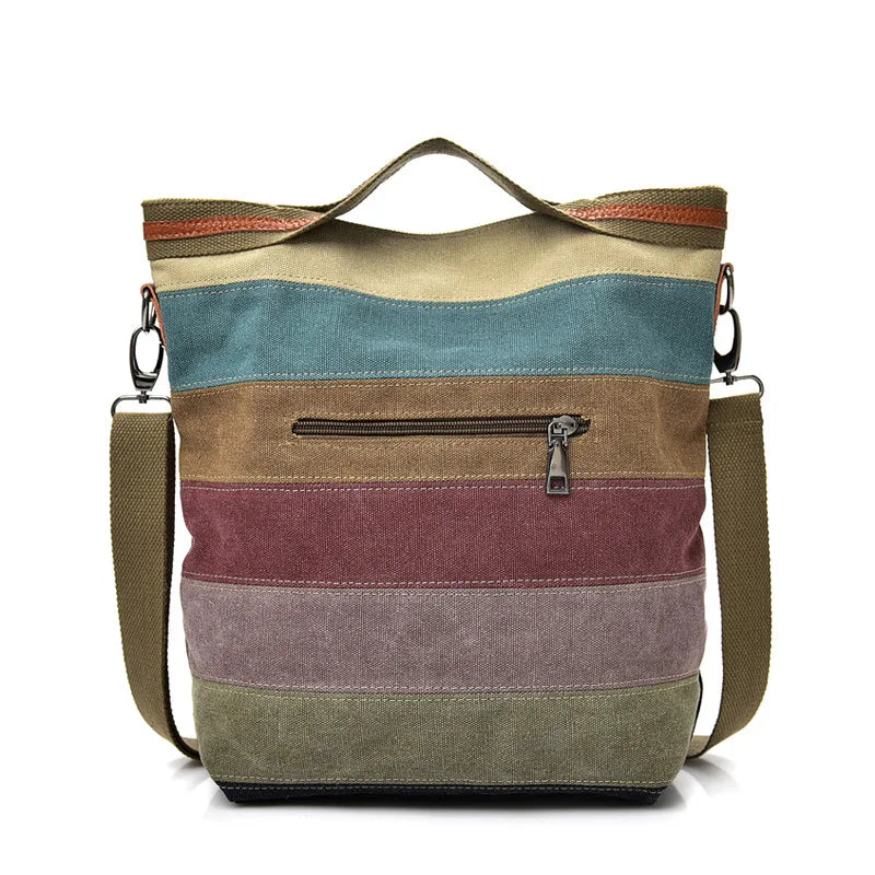 Women's patchwork handbag versatile contrast color striped canvas shoulder crossbody bag