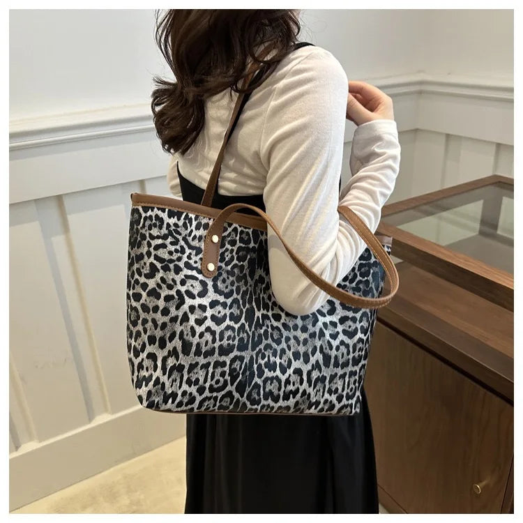 Women's Leopard Print Tote bag Pu Leather Underarm Bags Simple Casual Travel Shopping Bag Large Capacity Mother and Child Packag