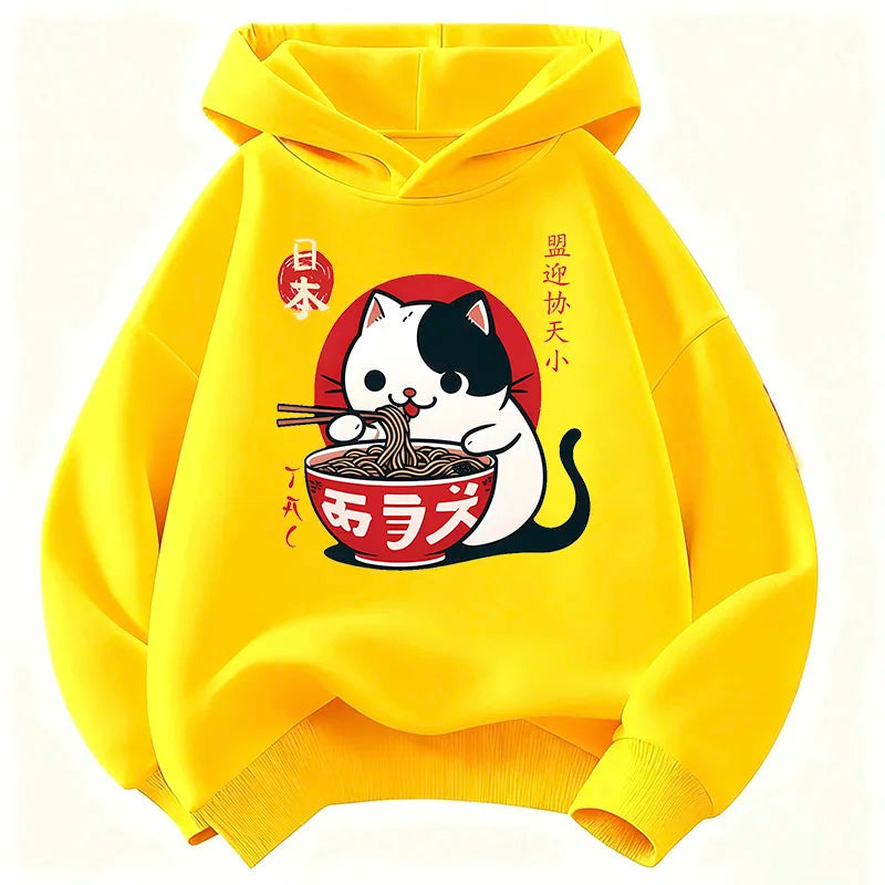 Japanese Style Cat Eat Ramen Hoodie Manga Kids Cat Children's Sweatshirt Cute Hoody for Boys Girls Casual Hoodies Spring