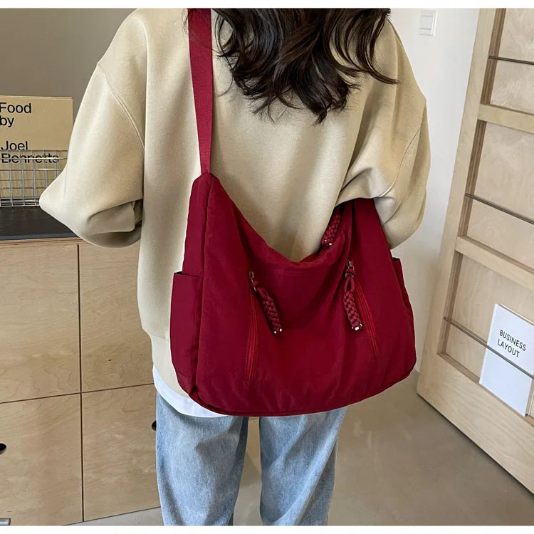 Summer Women Solid Color Shoulder Bag Fashion Lightweight Versatile Travel Crossbody Bag Commuter Nylon Large Capacity Hobo Bag