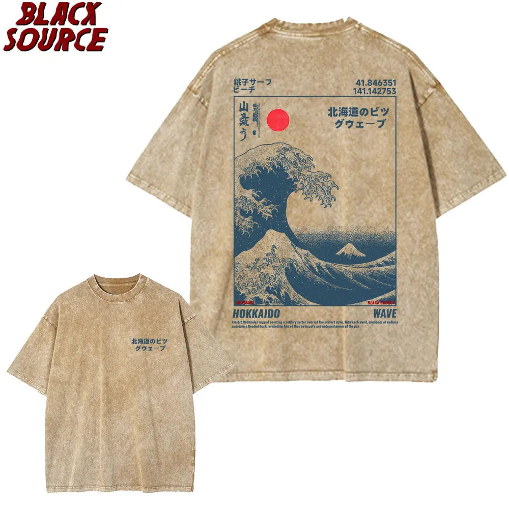 T416 Japanese Style Hokkaido Wave Vintage T-shirt Men Women Harajuku Fashion High Quality T Shirts Oversized Cotton Summer Tee