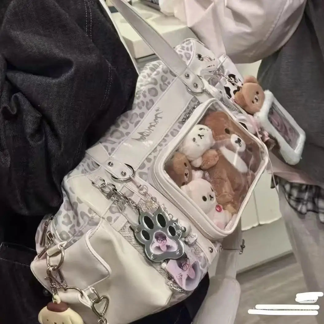 New Y2K Casual Large Capacity Handbag Shoulder Bag Comic Exhibition Crossbody Bag Sweet and Cool Leopard Print Ita Bag for Girls