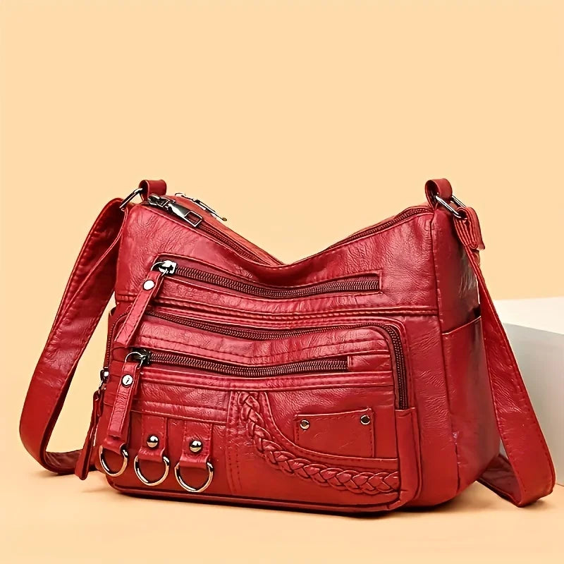 Vintage PU Crossbody Bag, Retro Multi Layer Shoulder Bag, Women's Fashion Handbag & Purse, Female Work Travel Messenger Bag