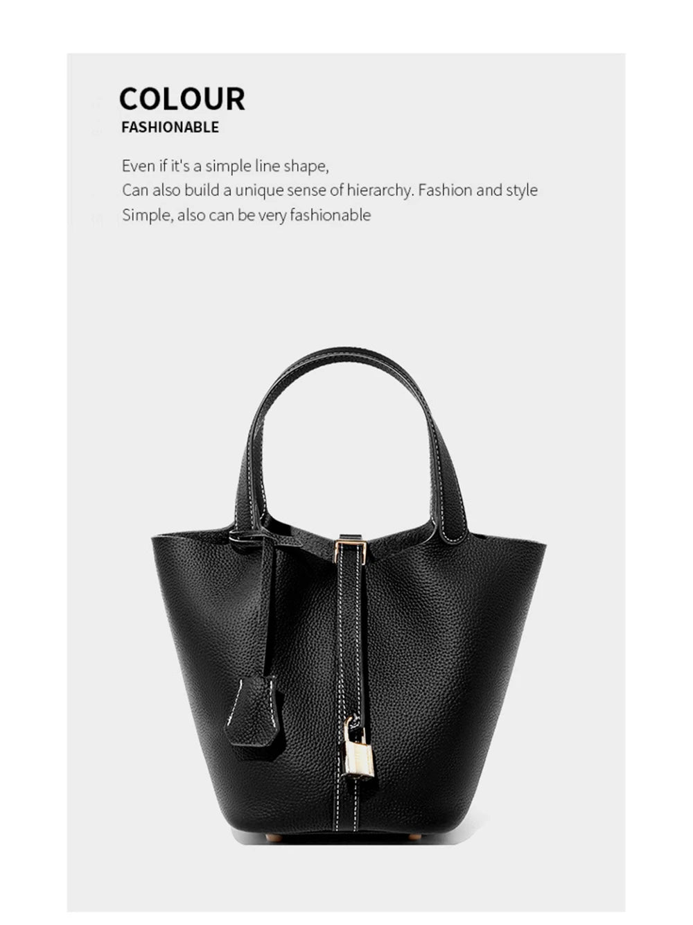 2025 Casual Fashion Female Genuine Leather Bucket Bag Luxury Handbag High-End Tote Bag Woman Cow Leather Mommy Bag & Metal Lock