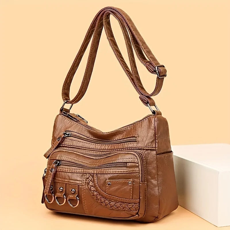 Vintage PU Crossbody Bag, Retro Multi Layer Shoulder Bag, Women's Fashion Handbag & Purse, Female Work Travel Messenger Bag