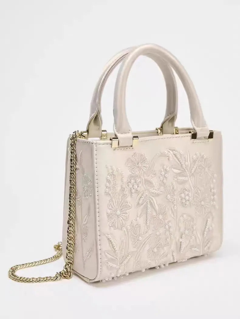 Elegant Soft Pearl Embroidery Fashion Handbag Silk Cheongsam Evening Clutch Chain Shoulder Bag Urban Minimalist Style Tote Chic