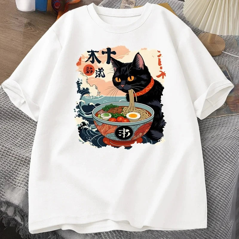 Kawaii Cat Anime Tshirt Ramen Japanese Funny Graphic Tee Kawaii Noodle Cat Tee Shirt Women Short Sleeve T-shirt Harajuku Clothes
