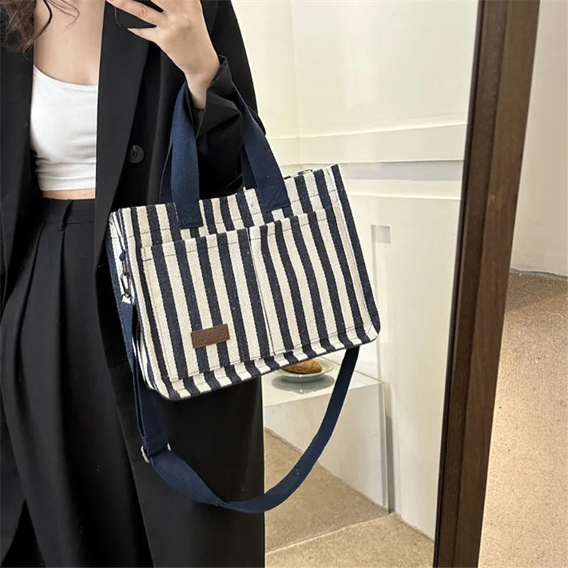 Cool Street Handbag, Large Capacity Women's Shoulder Bag, Trendy Striped Canvas Crossbody Bag, Fashion Travel Shopping Tote Bag