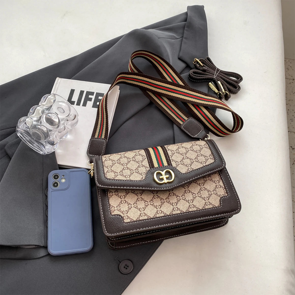 Fashion Classic Geometric Print Quilted Shoulder Bag Metal Logo PU Lightweight Flap Magnetic Snap Adjustable Strap Crossbody Bag