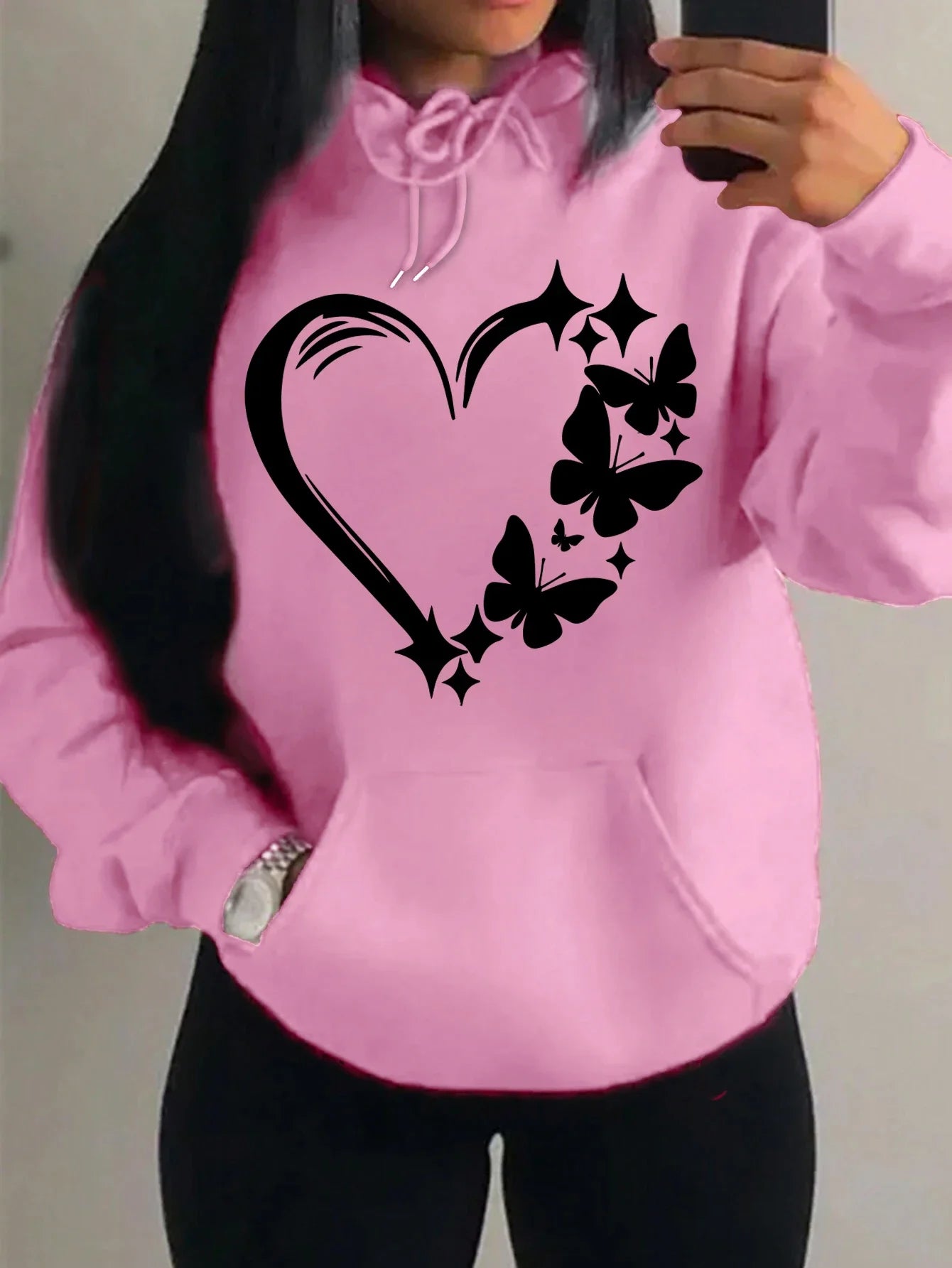 Women's Love and Butterfly Pattern Hoodie Hip Hop Street Fashion Pocket Clothes Retro Multi Color Hoodie