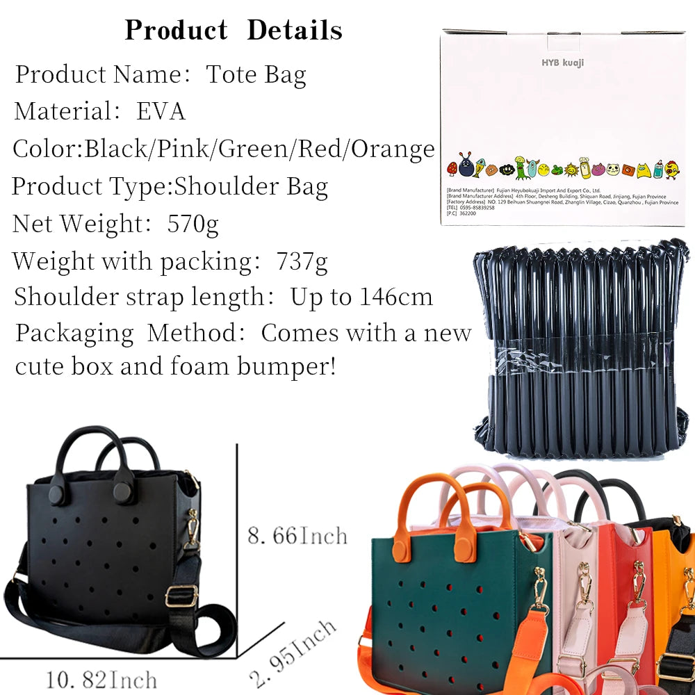 Beach Tote Travel Handbag Storage Fashion Storage EVA Large Leather Shoulder Bag for Women Casual Waterproof Bag Hole Fit Charms