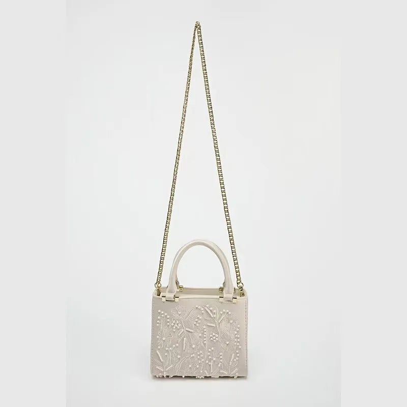 Elegant Soft Pearl Embroidery Fashion Handbag Silk Cheongsam Evening Clutch Chain Shoulder Bag Urban Minimalist Style Tote Chic