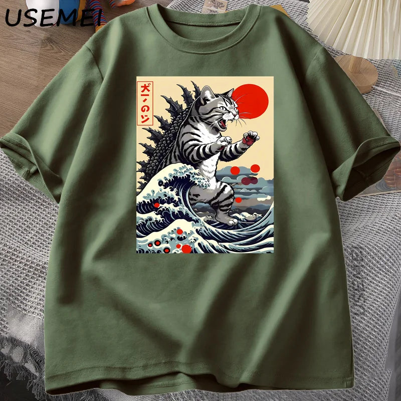 Catzilla Cat Japanese Funny T-shirt for Men Women Vintage Cartoon Print Casual Comfortable Round Neck Short Sleeved T-shirt Top