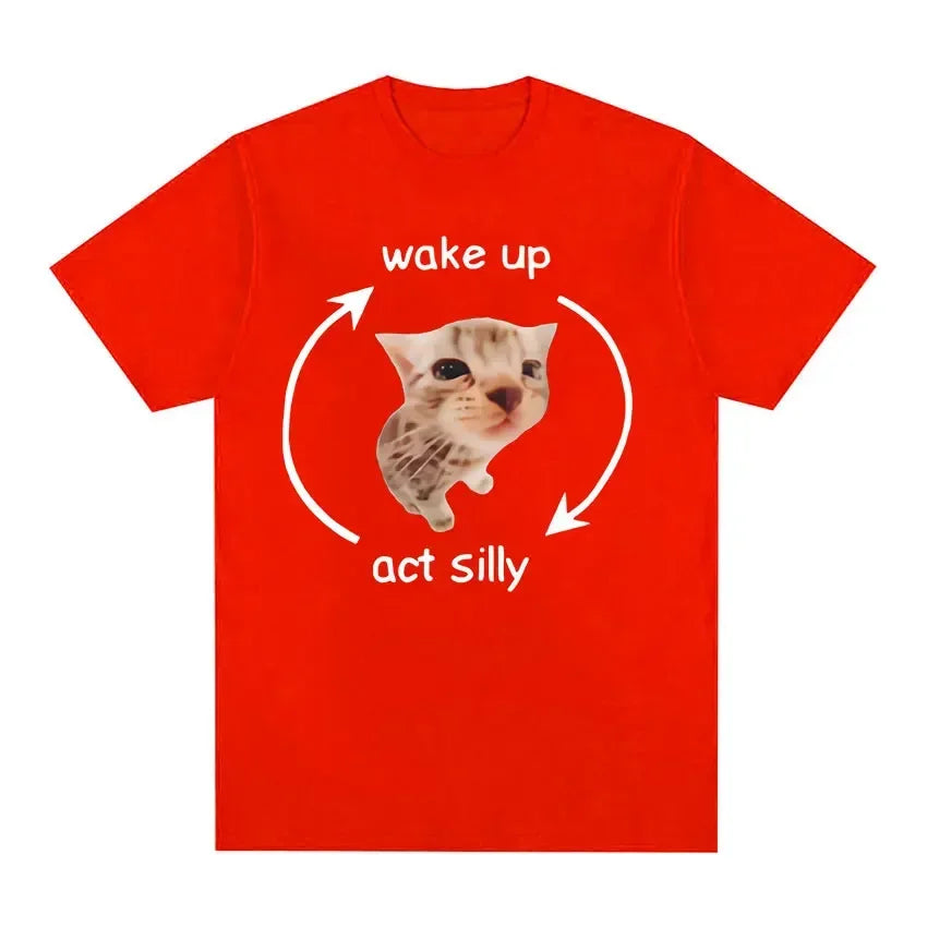 Wake Up Act Silly Meme Graphic T Shirt Funny Cute Cat Print Short Sleeve T-shirt Men Women Casual Oversized T Shirts