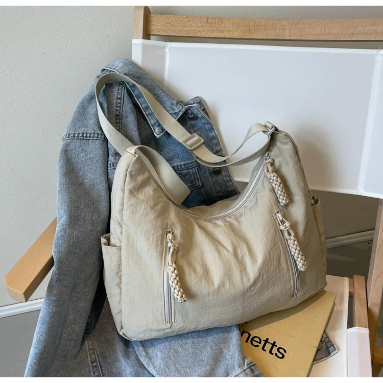 Summer Women Solid Color Shoulder Bag Fashion Lightweight Versatile Travel Crossbody Bag Commuter Nylon Large Capacity Hobo Bag