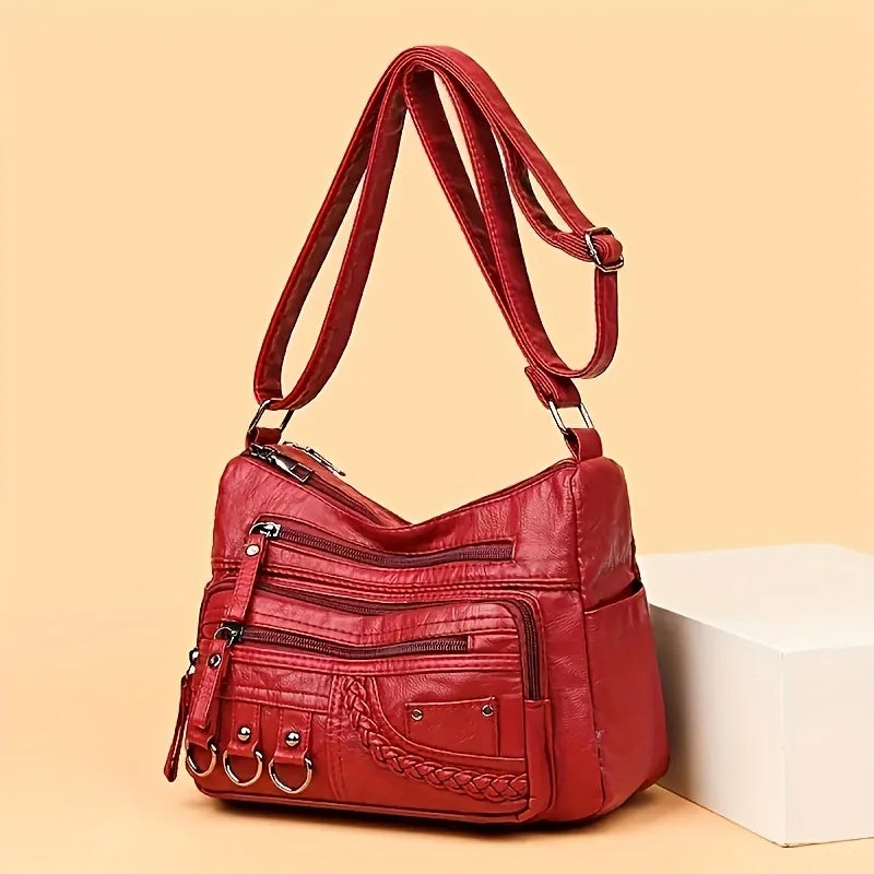 Vintage PU Crossbody Bag, Retro Multi Layer Shoulder Bag, Women's Fashion Handbag & Purse, Female Work Travel Messenger Bag