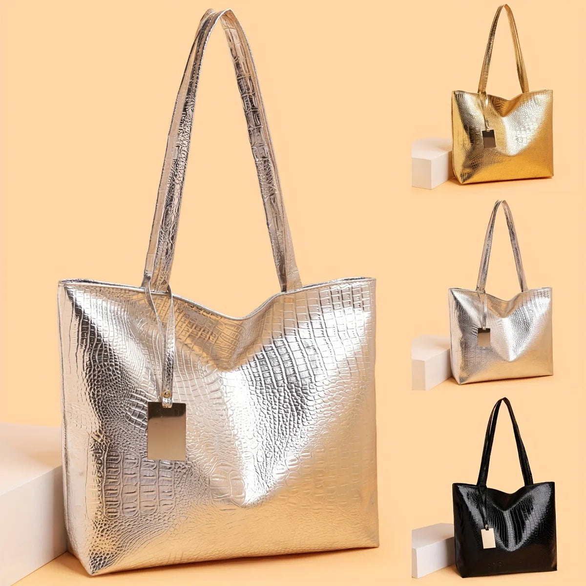 Vintage Women's Tote Bag, Large Capacity Handbag Shoulder Bag with Zipper Closure, Metallic Finish Handbags for Work, Parties