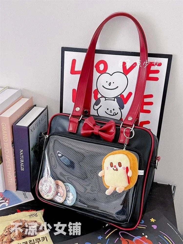 Japanese Style Kawaii PU Leather Itabag Women Transparent Pocket Bowknot Lolita Shoulder Bag Tote Handbags Women Ita Bag JK Girl