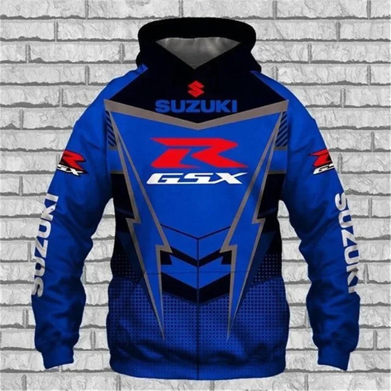 Suzuki men's casual hoodie, 3D printed long-sleeved top for outdoor motorcycle and bicycle enthusiasts, autumn and winter