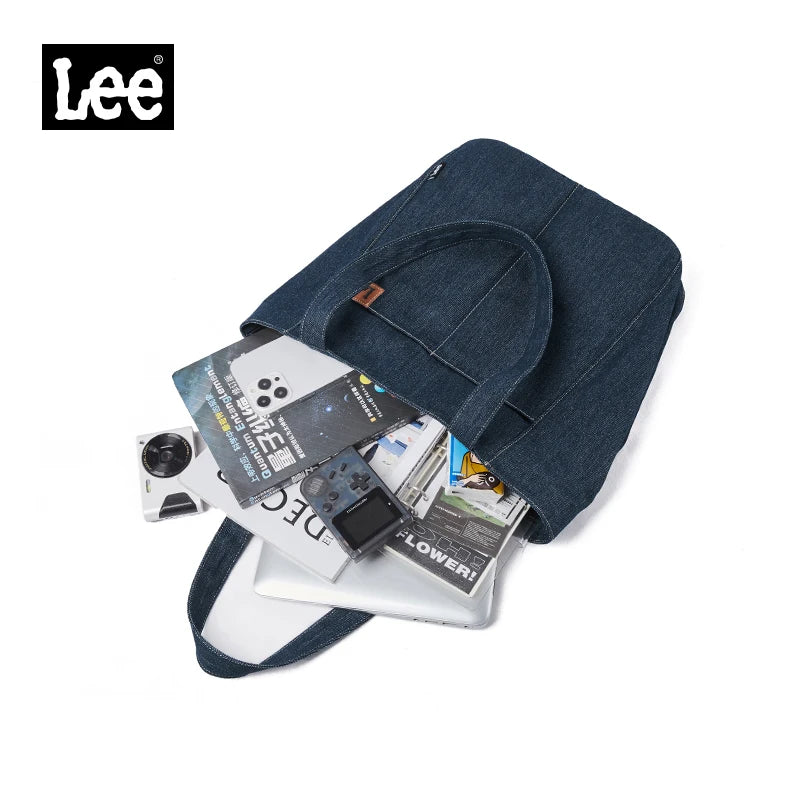 LEE Denim Blue Women Causal Large Capacity Tote Bag Jeans Beige Ladies Work Shoulder School Student Laptop Book Bag