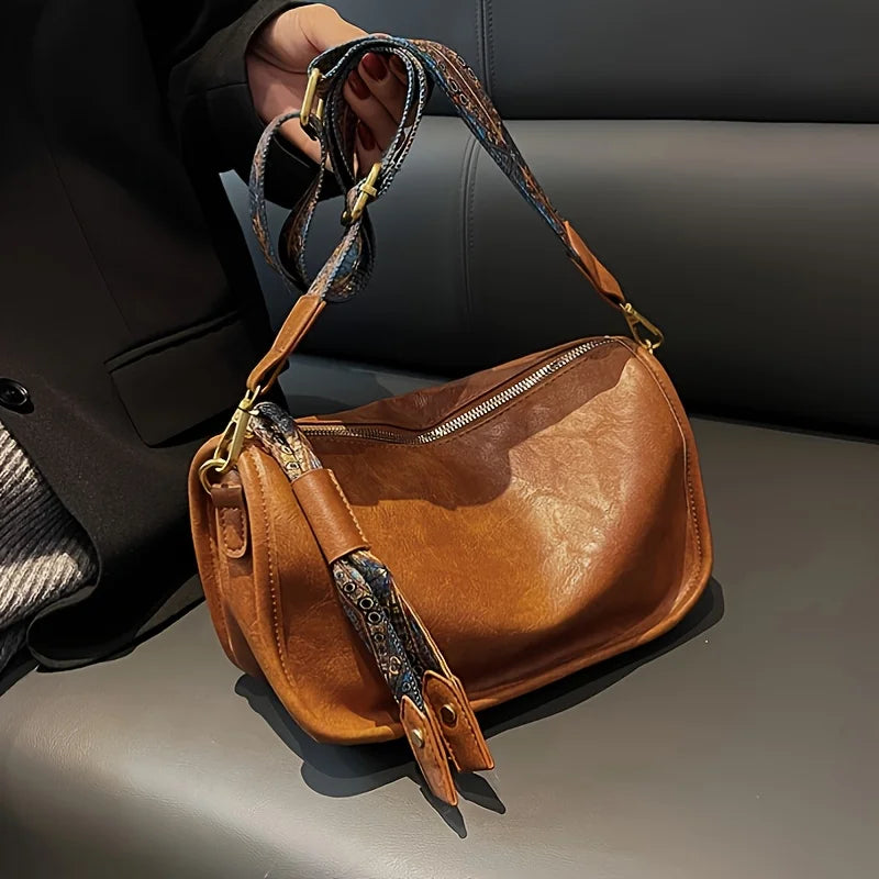 Graphic Pattern Zipper Crossbody Bag, Stylish Leather Shoulder Bag with Wide Strap Large Capacity Daily Purse Designer Hobos Bag