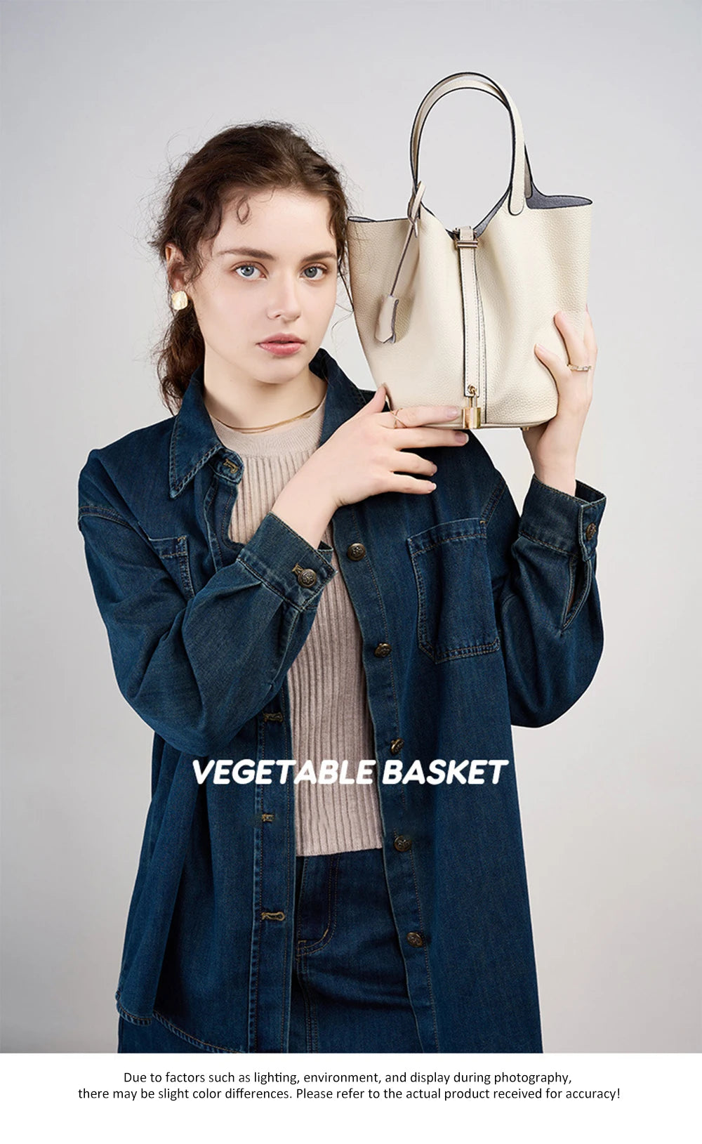 2025 Casual Fashion Female Genuine Leather Bucket Bag Luxury Handbag High-End Tote Bag Woman Cow Leather Mommy Bag & Metal Lock