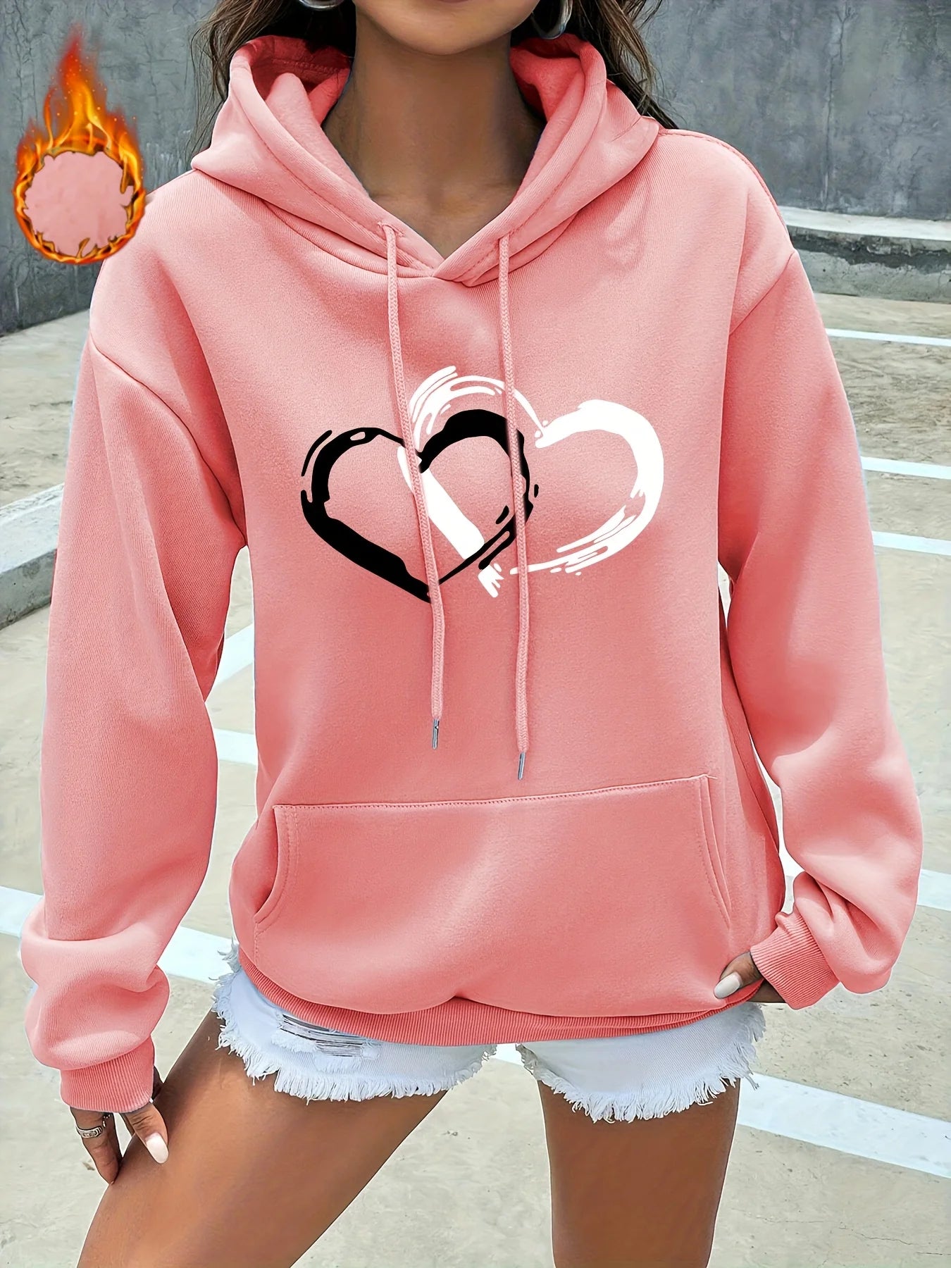 Women's casual hoodie sweatshirt heart graphic print round neck long sleeved autumn and winter warm regular version