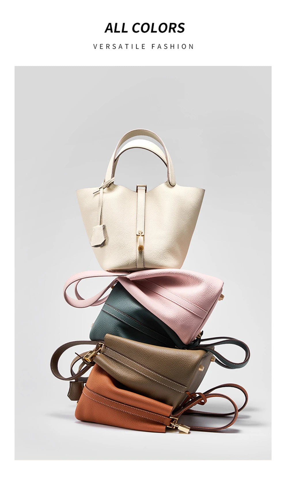 2025 Casual Fashion Female Genuine Leather Bucket Bag Luxury Handbag High-End Tote Bag Woman Cow Leather Mommy Bag & Metal Lock