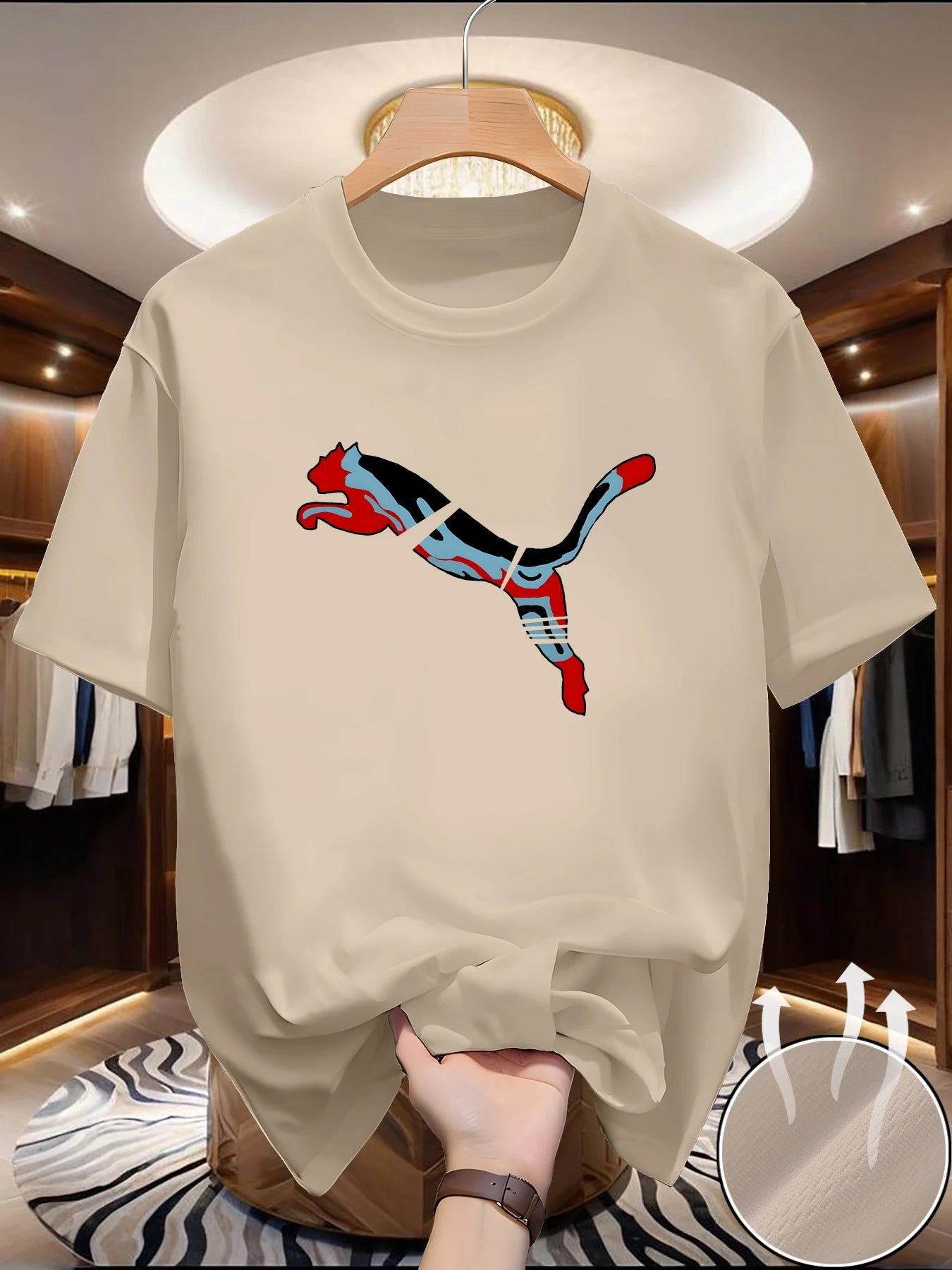 Men's summer quick drying mesh T-shirt with animal world pattern printed round neck short sleeved casual top