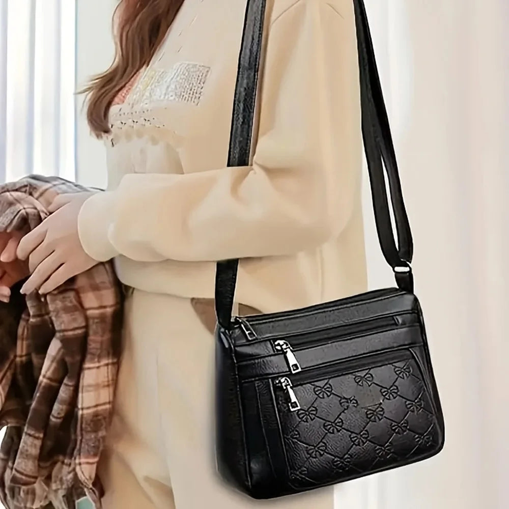 Women's Crossbody Fashion Pu Leather Large Capacity Multi-Pocket Mom Bag Black Embossed Outing Party Shoulder Bag