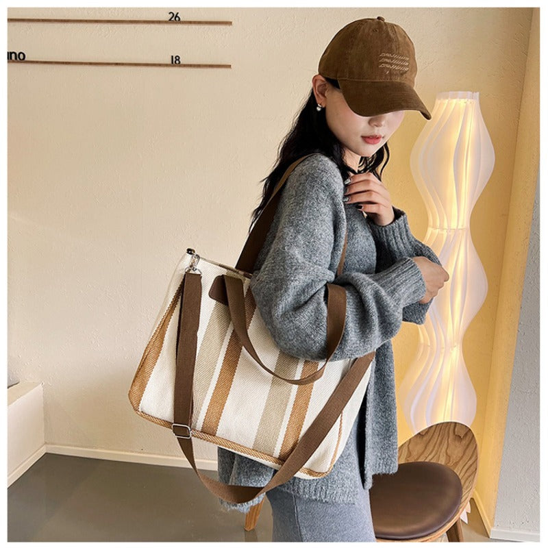 Large Tote Bag for women's Striped Crossbody Canvas Bag 2023 New Trendy Versatile Class Commuting Shoulder Bag