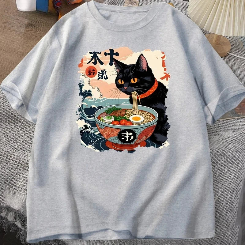 Kawaii Cat Anime Tshirt Ramen Japanese Funny Graphic Tee Kawaii Noodle Cat Tee Shirt Women Short Sleeve T-shirt Harajuku Clothes