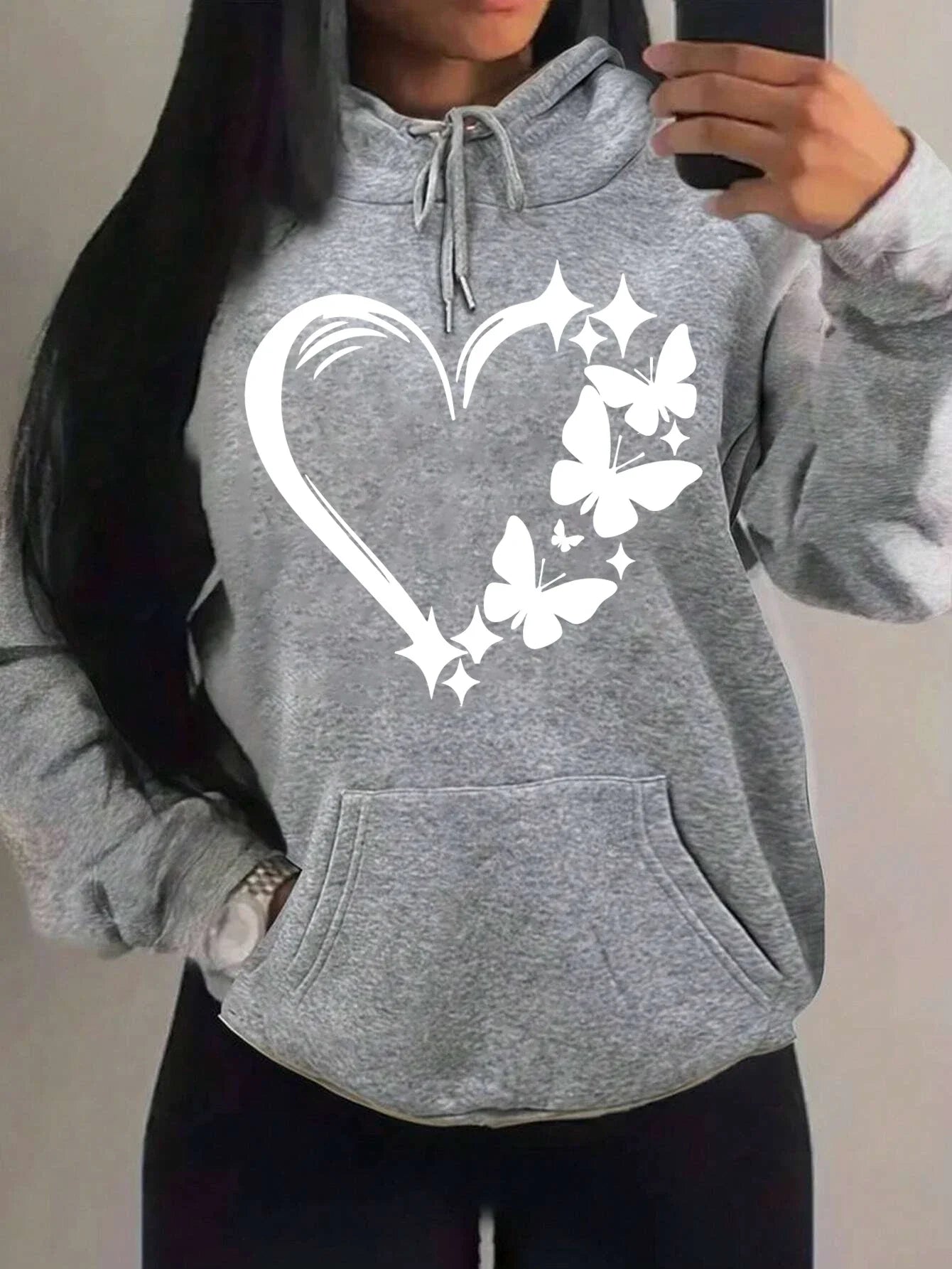 Women's Love and Butterfly Pattern Hoodie Hip Hop Street Fashion Pocket Clothes Retro Multi Color Hoodie