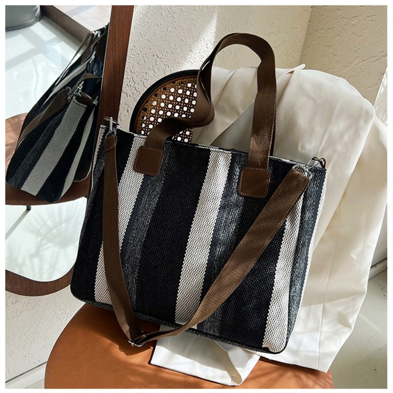 Large Tote Bag for women's Striped Crossbody Canvas Bag 2023 New Trendy Versatile Class Commuting Shoulder Bag