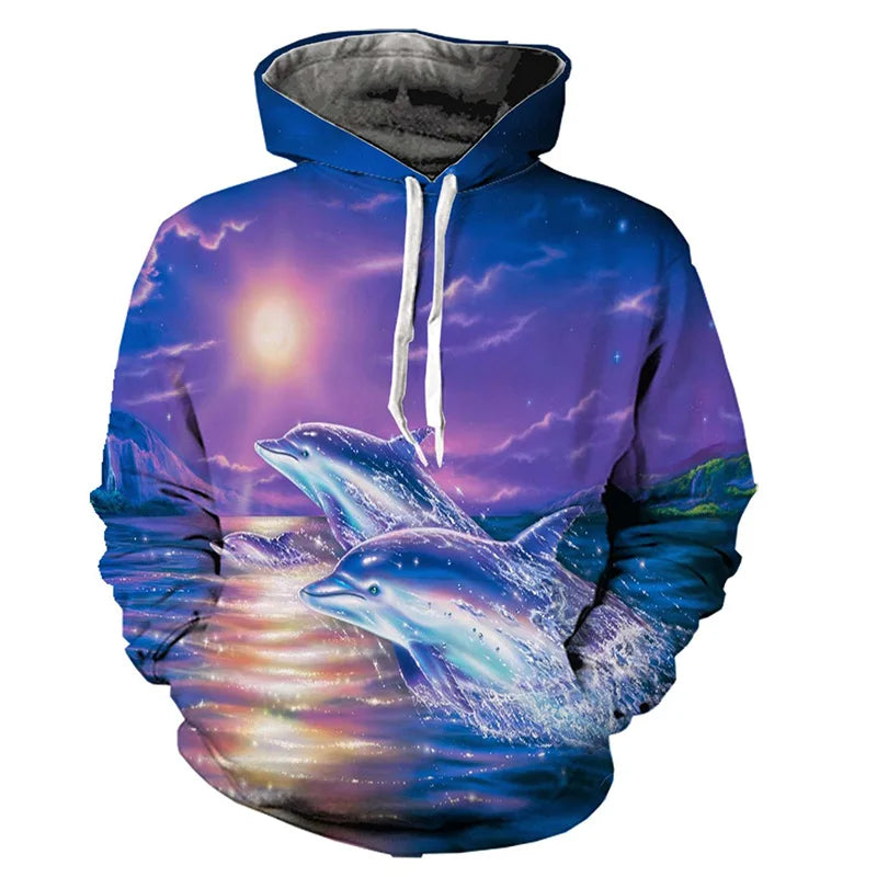 New Dolphin Pattern Men's Hoodie 3D Printed Simple Hoodie Sportswear Casual Oversized Harajuku Hoodie Y2k Sports Tops 2024
