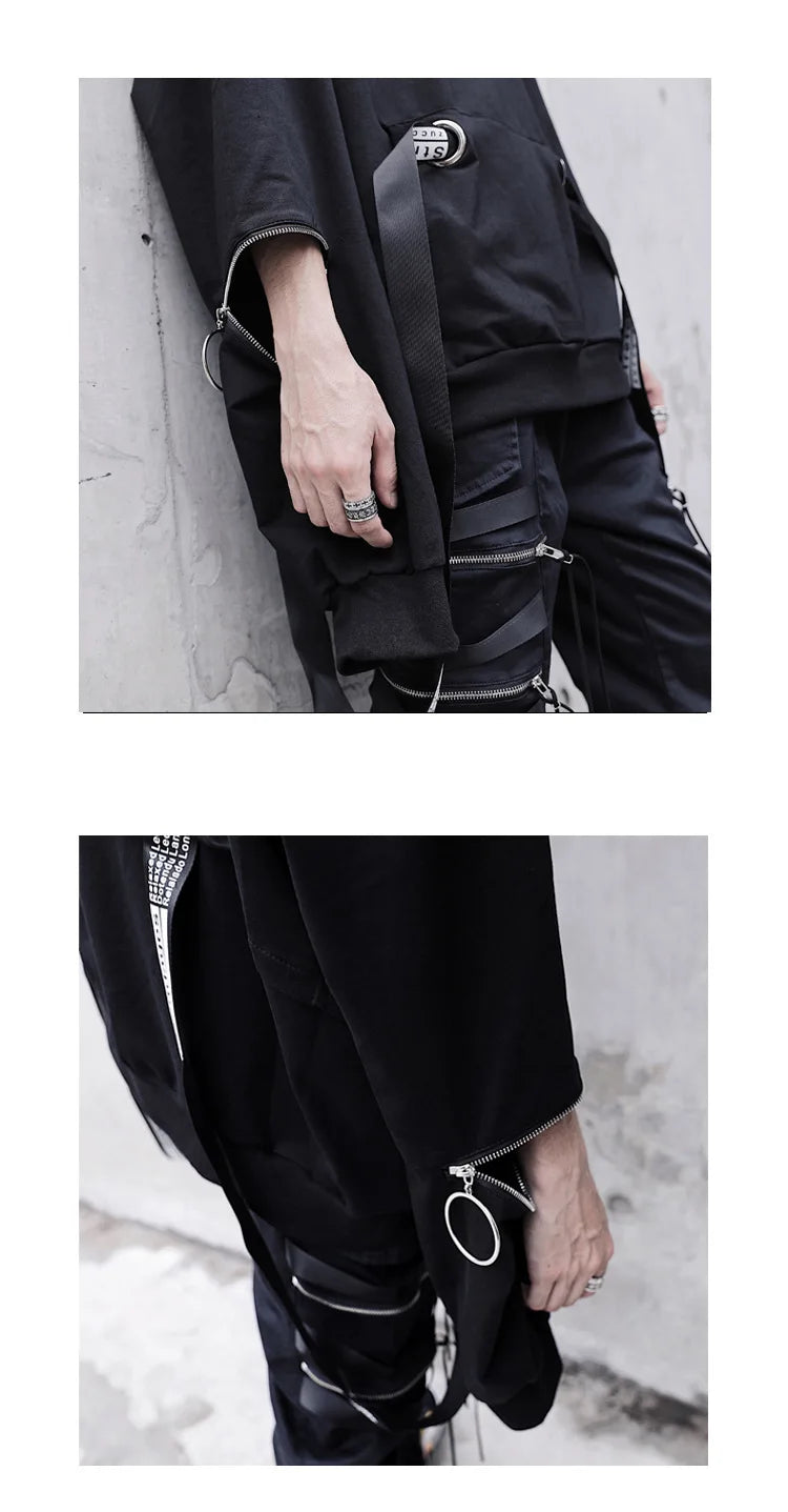 Autumn  Men's Casual Hoodie Sweatshirt Techwear Hip Hop Harajuku Style with Ribbons Patchwork Japanese Streetwear Darkwear