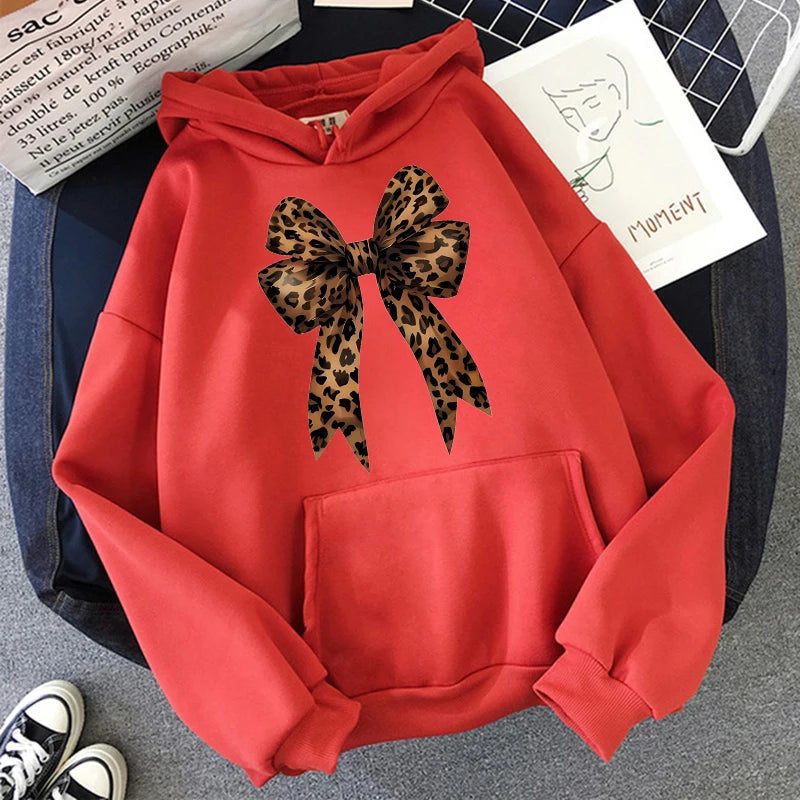 Bow Heart Love Leopard Print Hoodies Long Sleeve Funny Sweatshirts Streetwear Women's Casual Graphic Hooded Pullovers Clothes