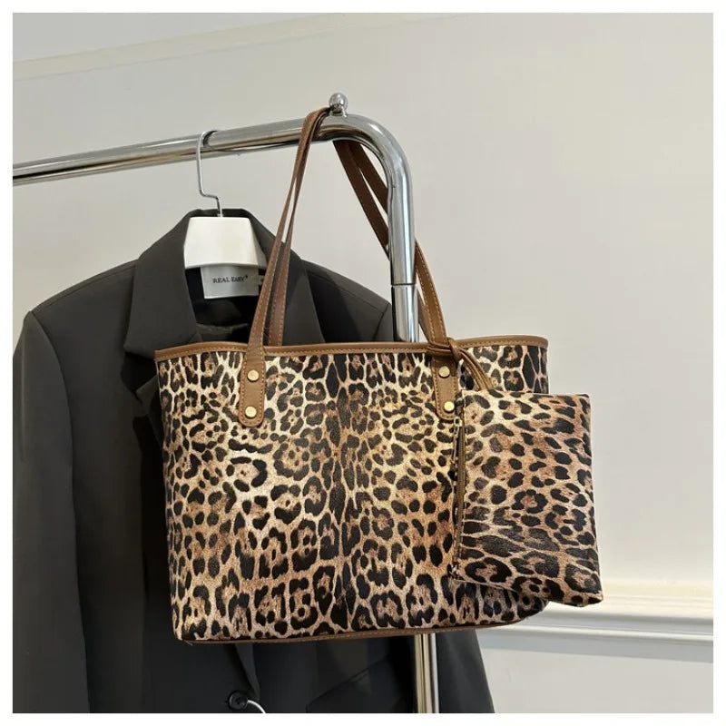 Women's Leopard Print Tote bag Pu Leather Underarm Bags Simple Casual Travel Shopping Bag Large Capacity Mother and Child Packag