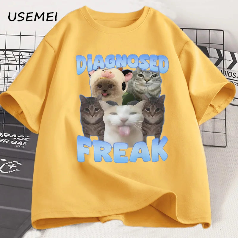 Diagnosed Freak Funny Cat Meme T-shirt Men Women Silly Cat Memes T Shirt Unisex Casual Round Neck Cotton Cat Tee Streetwear Tees