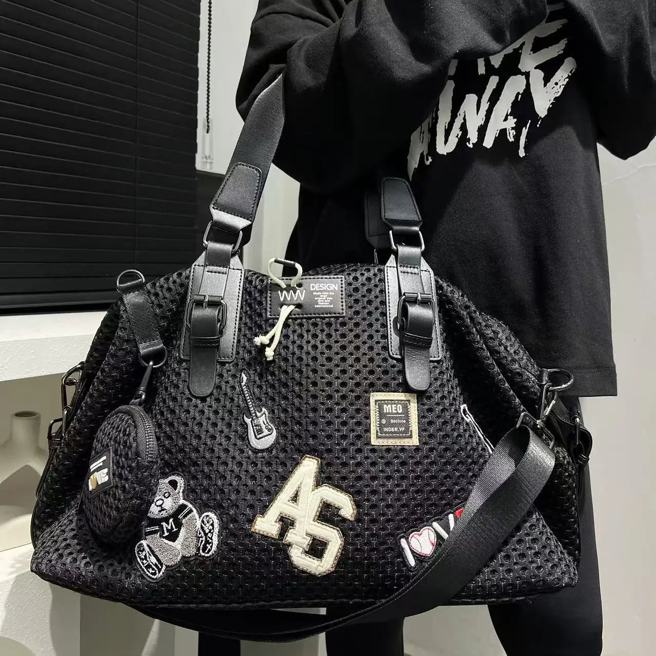 Fashionable women's mesh nylon adhesive tote bag, large capacity splicing shoulder bag, short distance travel casual handbag